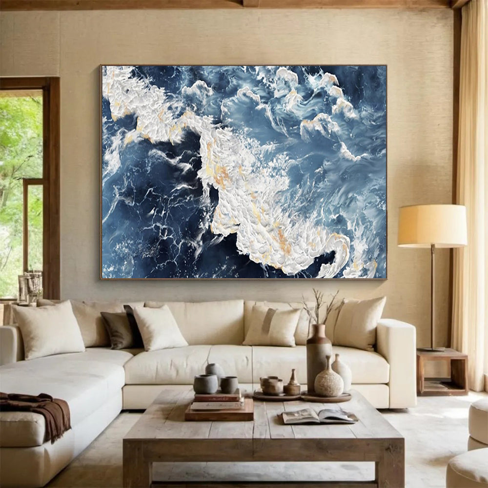 “Sea Splash” - Hues of dark blue, light blue, white, and gold; surging waves with golden glints in the spray CT1528