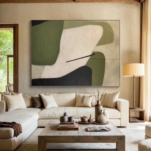 “Geometric Shapes in Green and White”,Abstract Minimalist Acrylic Art CT0575