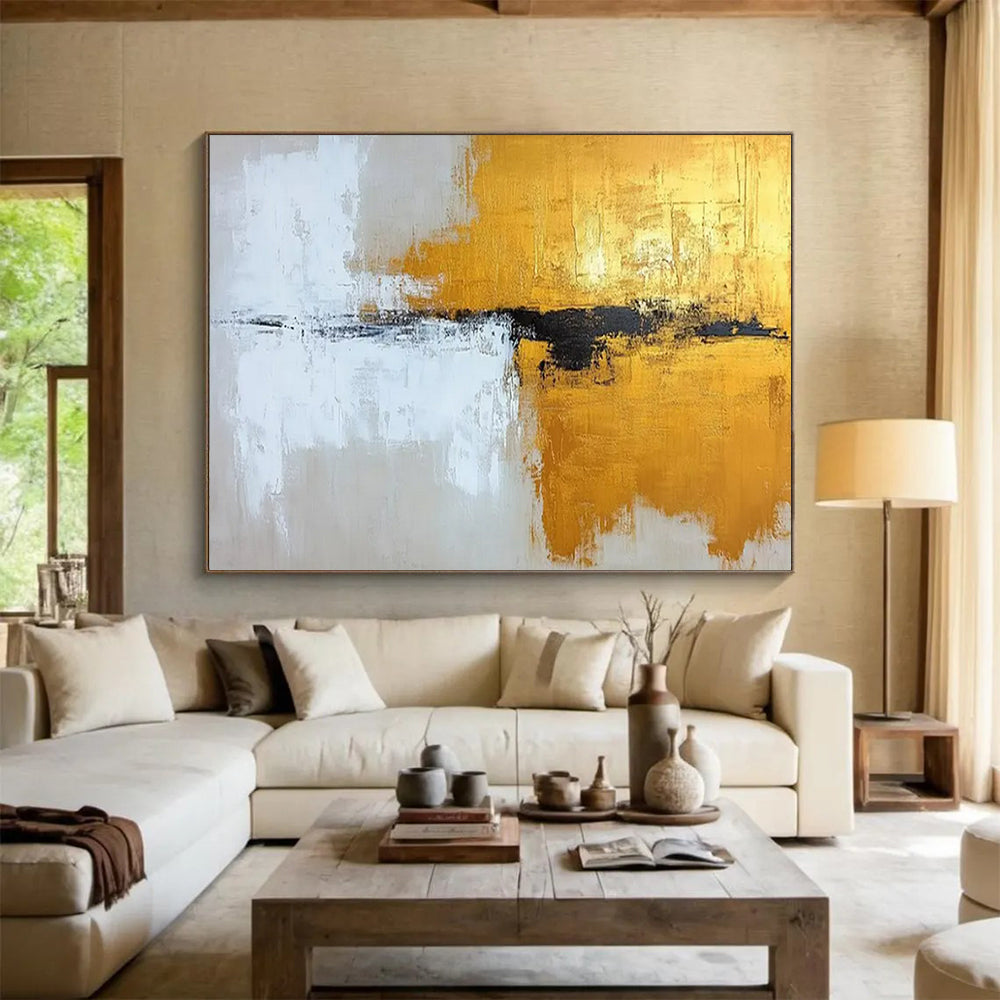 Gold, Black, and White Abstract Strokes - Contemporary Acrylic Art CT1803