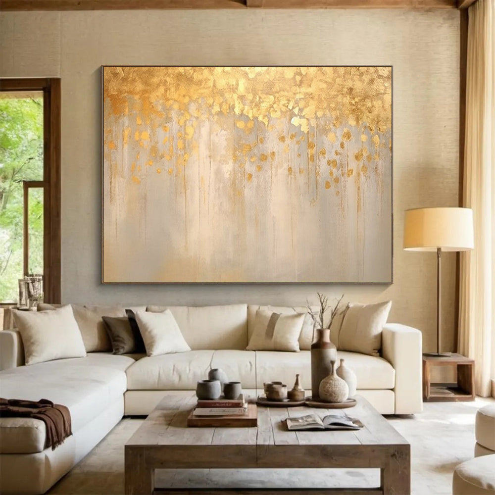 “Golden Drizzle” - Shades of gold, beige, and light gray; golden paint drips and spots on a muted background CT1535