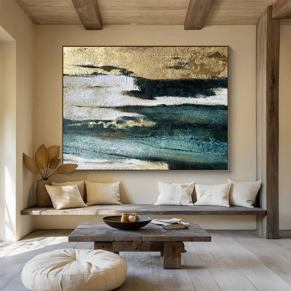 “Gold - Teal Textured Layers” - Teals, golds, whites; layered, textured abstraction with metallic highlights CT1633