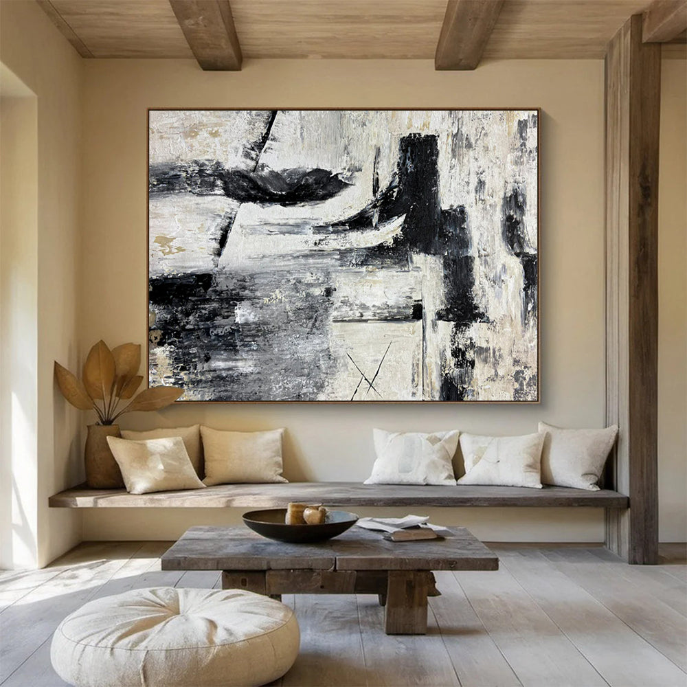 “Industrial Rhythm” – Black, white, gray with rough, intersecting acrylic shapes CT1692
