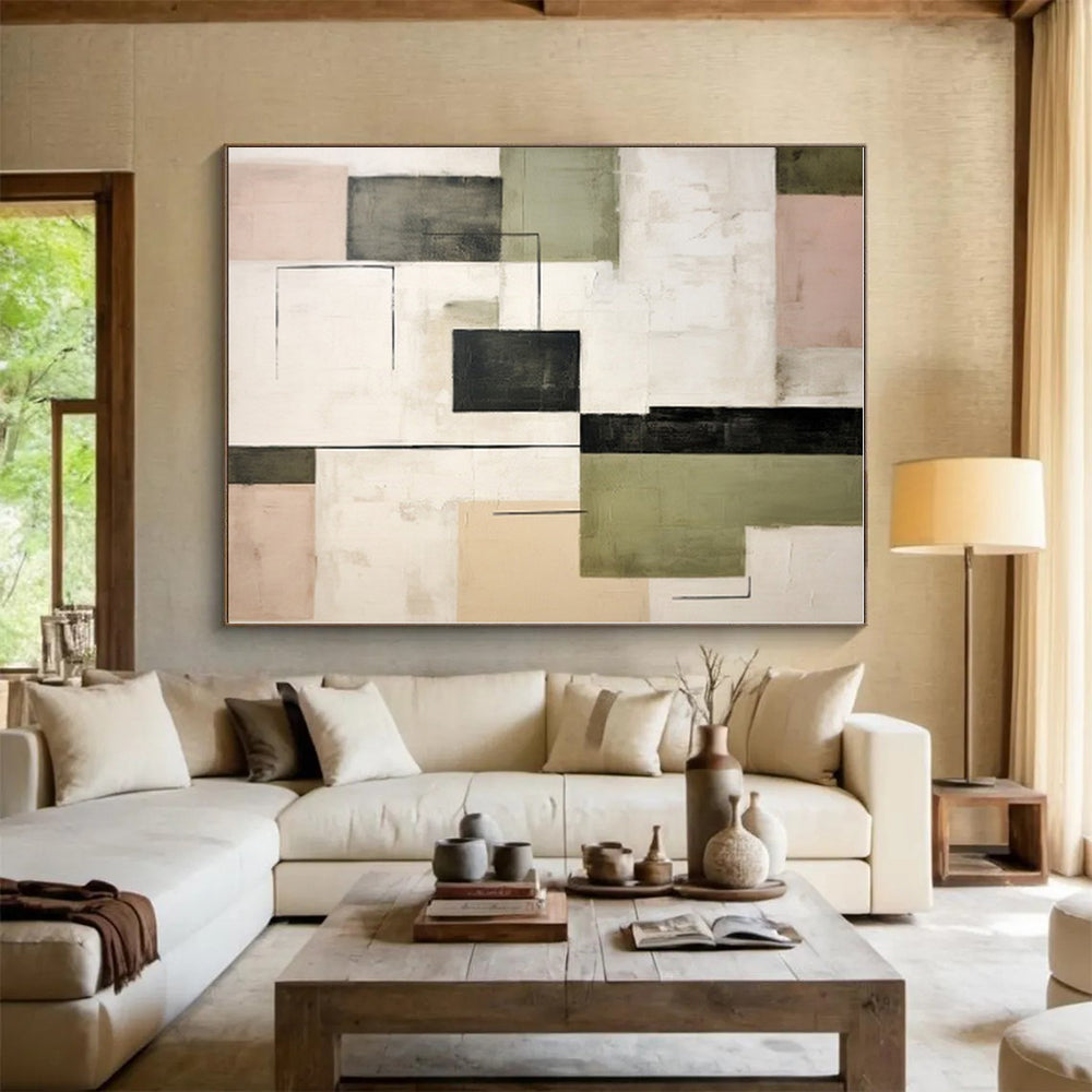 “Geometric Mix of Green, Black & Pastels” - Abstract Modernist Painting CT0397