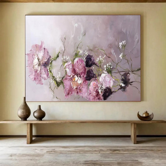 “Pink Flowers with Baby's Breath” – Impasto Floral Oil Painting CT1762