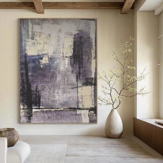 “Muted Purple Geometry” - Abstract Painting with Purple, Gray, White CT0106