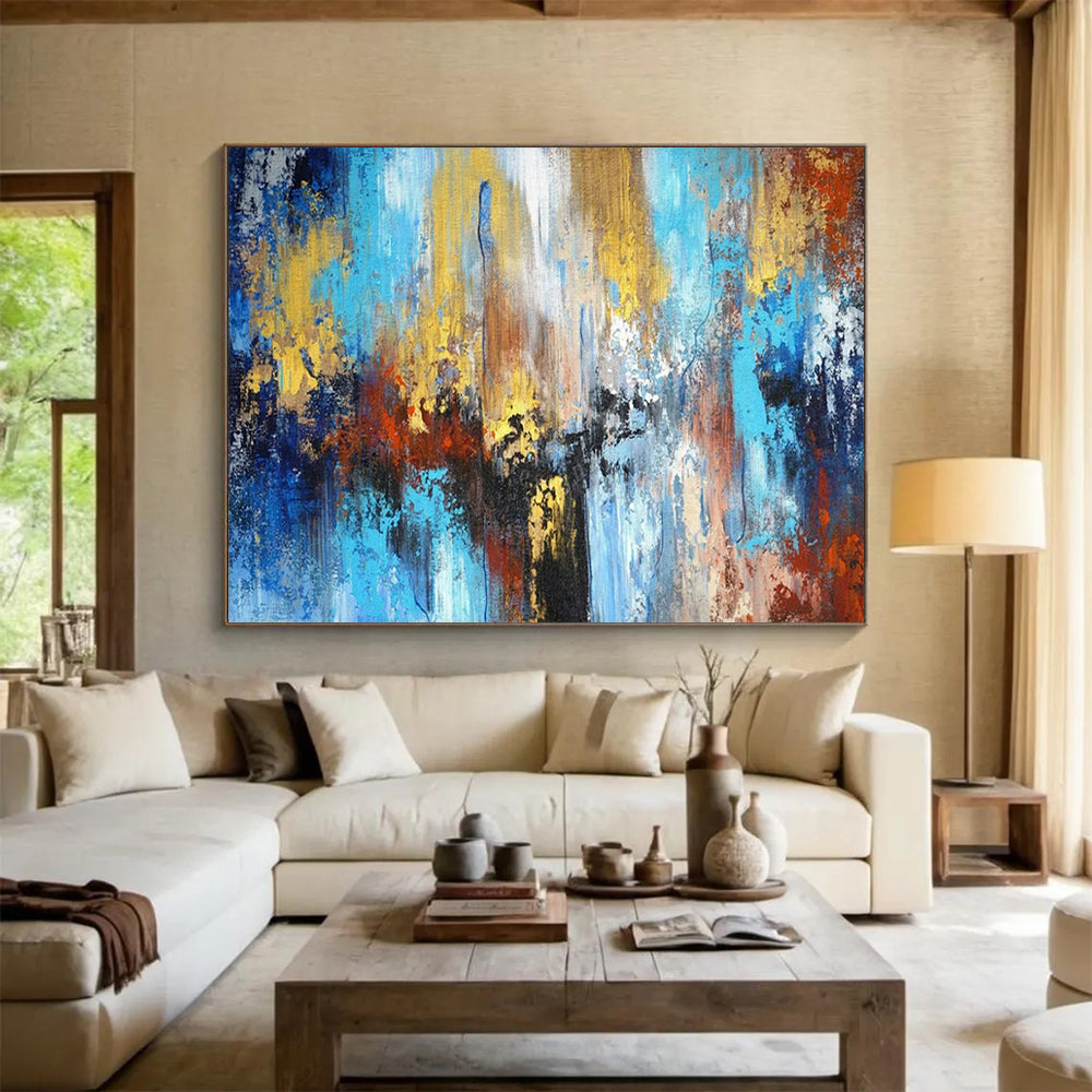 “Blue - Gold Urban Impasto” - Blues, golds, reds; vibrant, textured cityscape abstraction CT1606