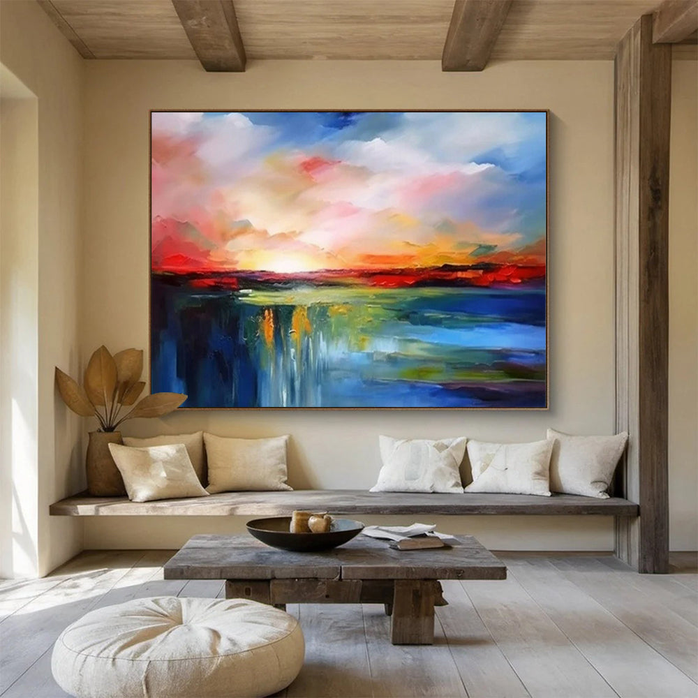 “Fiery Sky Waterfall Twin” - Reds, oranges, blues, greens; abstract sunset waterfall (matching pair) CT1597