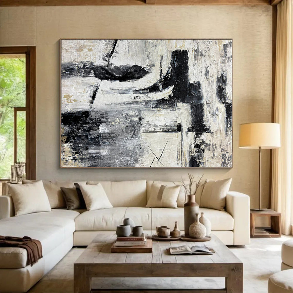 “Industrial Rhythm” – Black, white, gray with rough, intersecting acrylic shapes CT1692