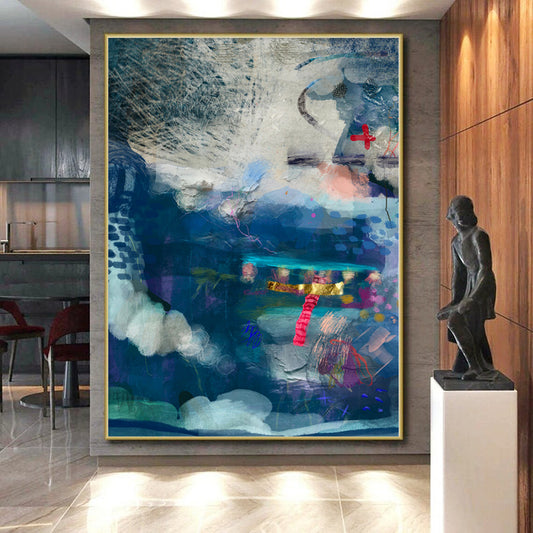 “Blue Collage Dream” - Mixed - Media Art with Blues, Purples, Gold, Pink CT0095