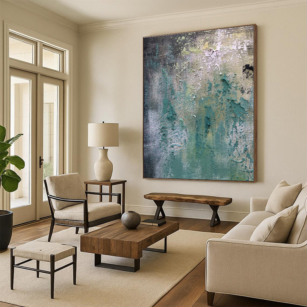 “Textured Teal and Green Abstract”,Abstract Impasto Acrylic Art CT0578