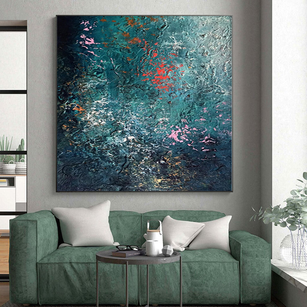 “Deep Sea Sparkle” - Abstract Painting with Teal Background, Pink and Orange Flecks CT0002