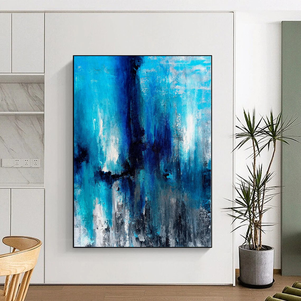 “Blue Cascade Abstraction” - Abstract Acrylic with Shades of Blue, Black, White CT0024