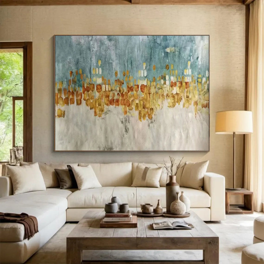 “Blue - Gold Urban Impression” - Blue, gray, gold, orange; blocky urban skyline CT1592
