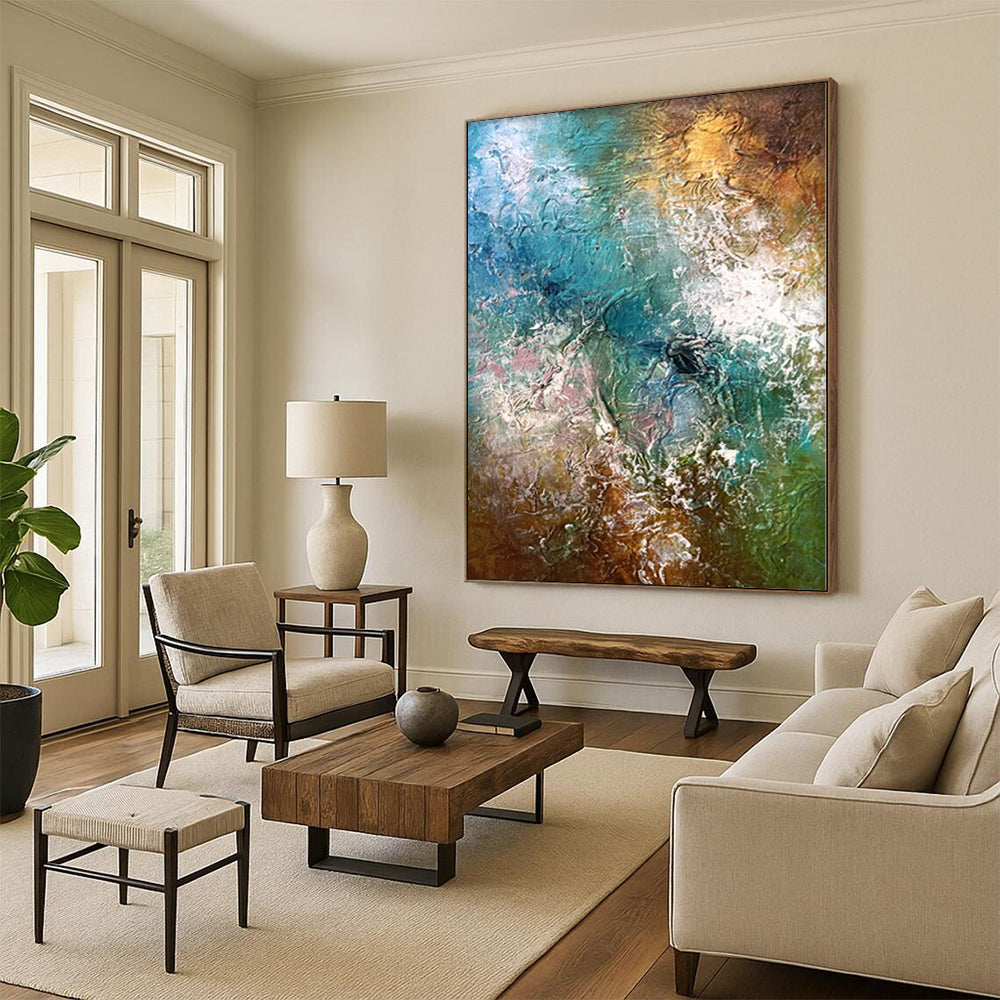 “Textured Waves” - Abstract Painting with Blue, Green, Brown and White Textures CT0007