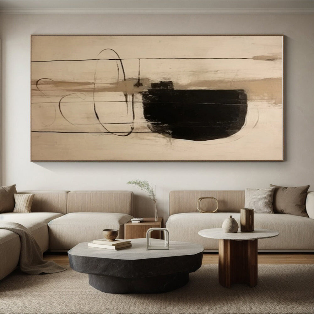 “Minimalist Black and Beige Forms”,Abstract Line - Driven Acrylic Painting CT0526