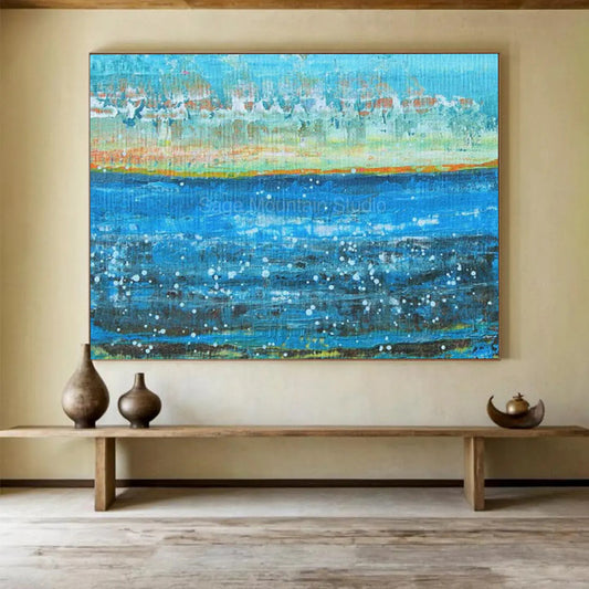 Blue Ocean with White Specks & Coastal Hues - Pointillist-Inspired Seaside Art CT1794