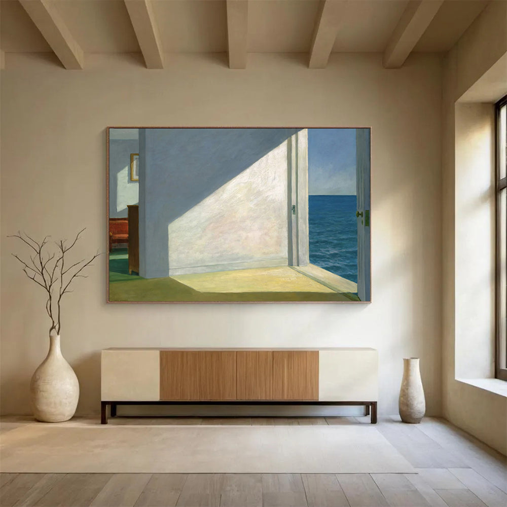 “Interior with Ocean View” - Whites, blues, greens; minimalist room with open door to the sea CT1608