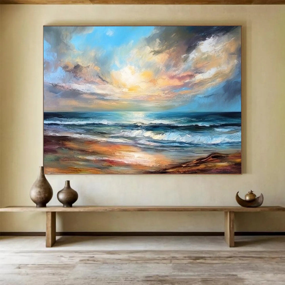 “Seascape Dream” - Blues, oranges, whites; vibrant, swirling sunset over ocean CT1511