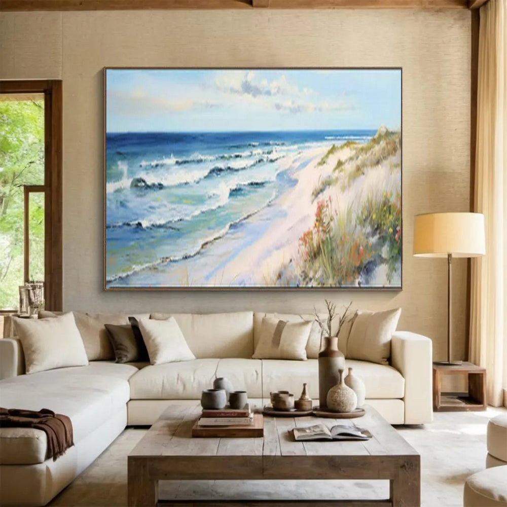 “Sunny Beach Escape” – Blues, whites, yellows capturing a bright, lively coastal scene CT1697