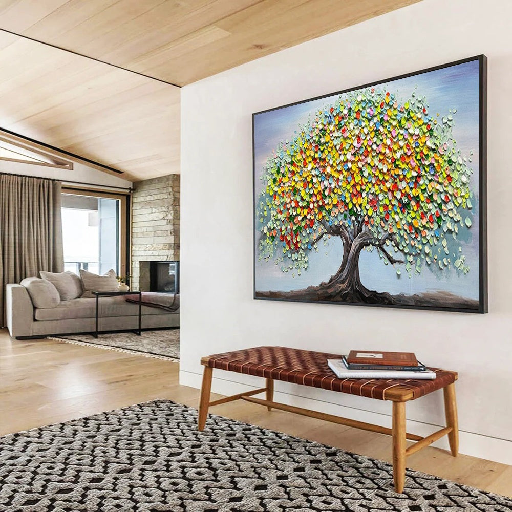 “Colorful Tree of Life” - A tree with a dark trunk and a canopy made of colorful, textured circles; set against a light blue sky CT1537