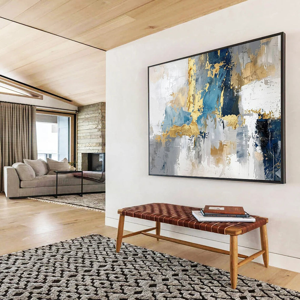“Gold - Accented Urban Abstract” - Blues, grays, golds; bold, textured geometric abstraction CT1602