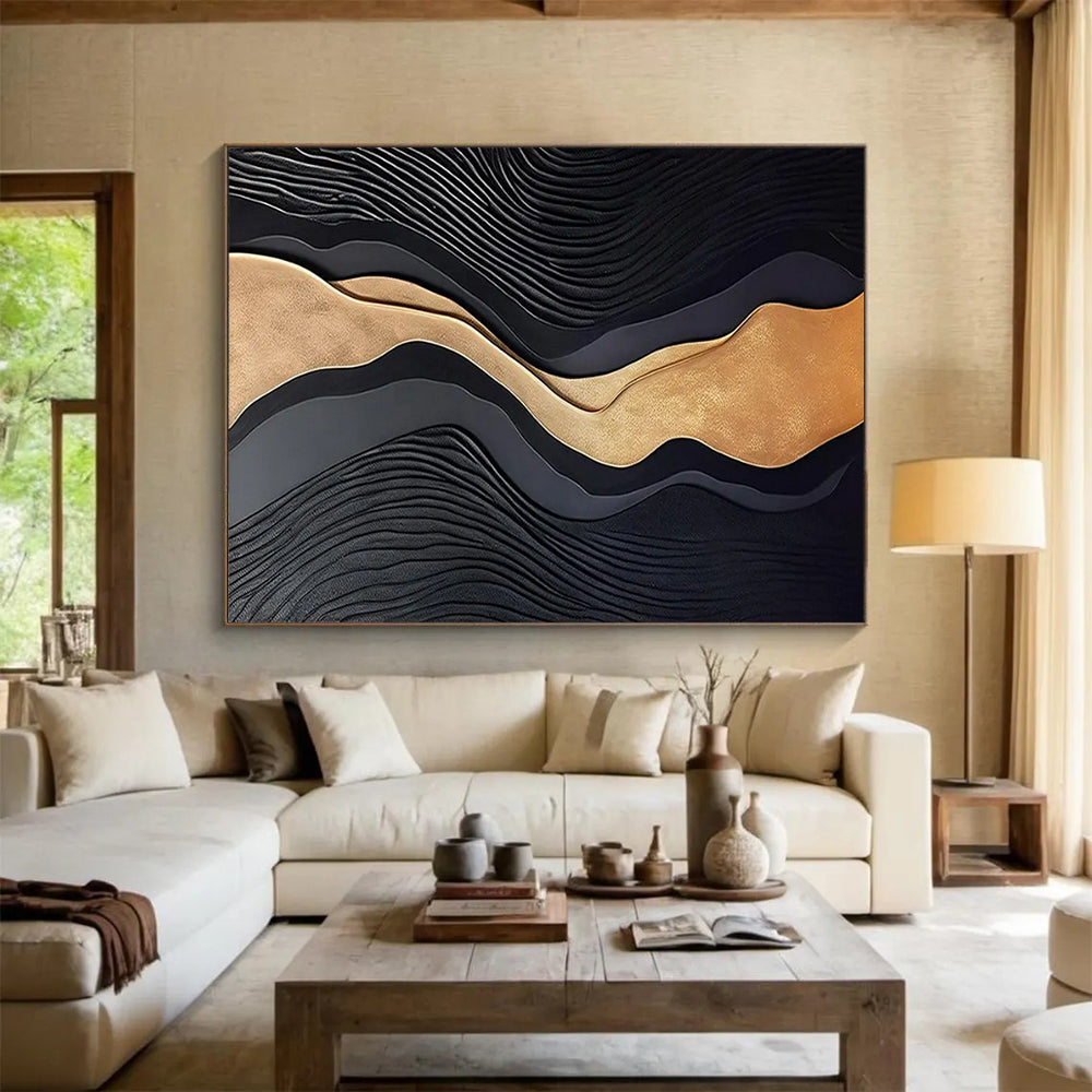 “Black & Gold Waves” - Black, gold; 3D - like wavy layers CT1576