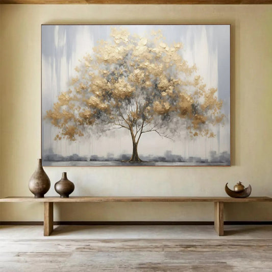 “Urban Gold Tree” - Golds, grays; textured tree with a cityscape backdrop CT1621