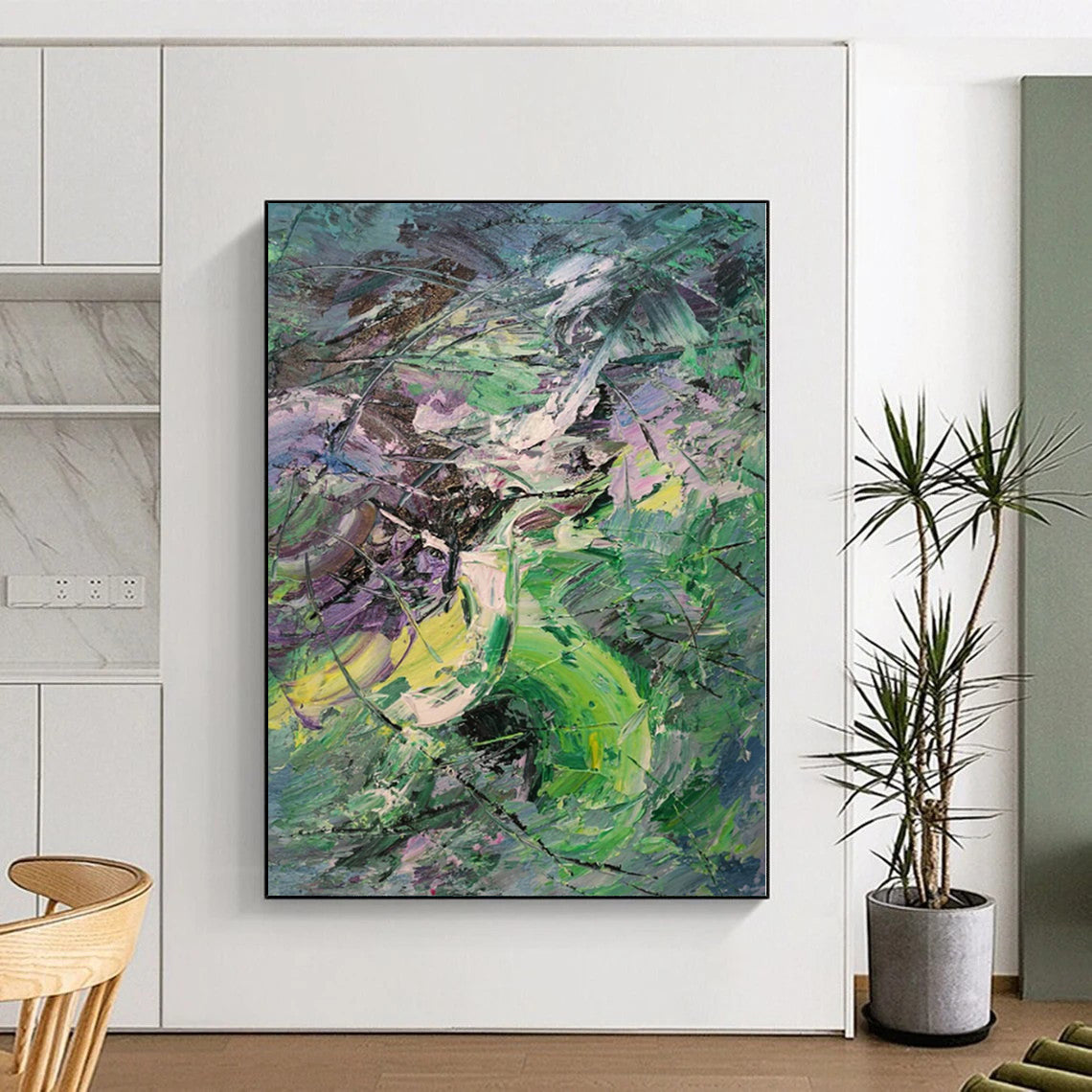 “Vibrant Green - Purple Abstract Chaos”,Expressionist Abstract Painting CT0353
