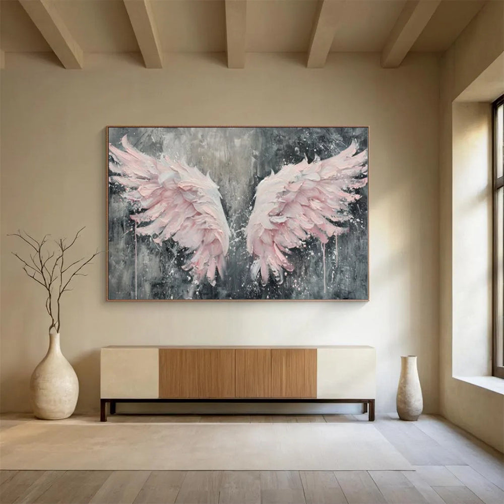 “Textured Pink Wings” - Pinks, grays; thick, sculptural pink wings against a dark background CT1618