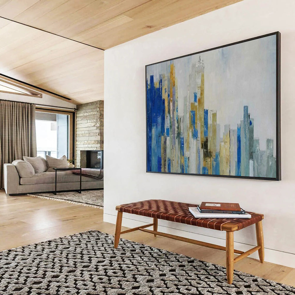 Abstract cityscape with blue, gold, and gray tones CT1659