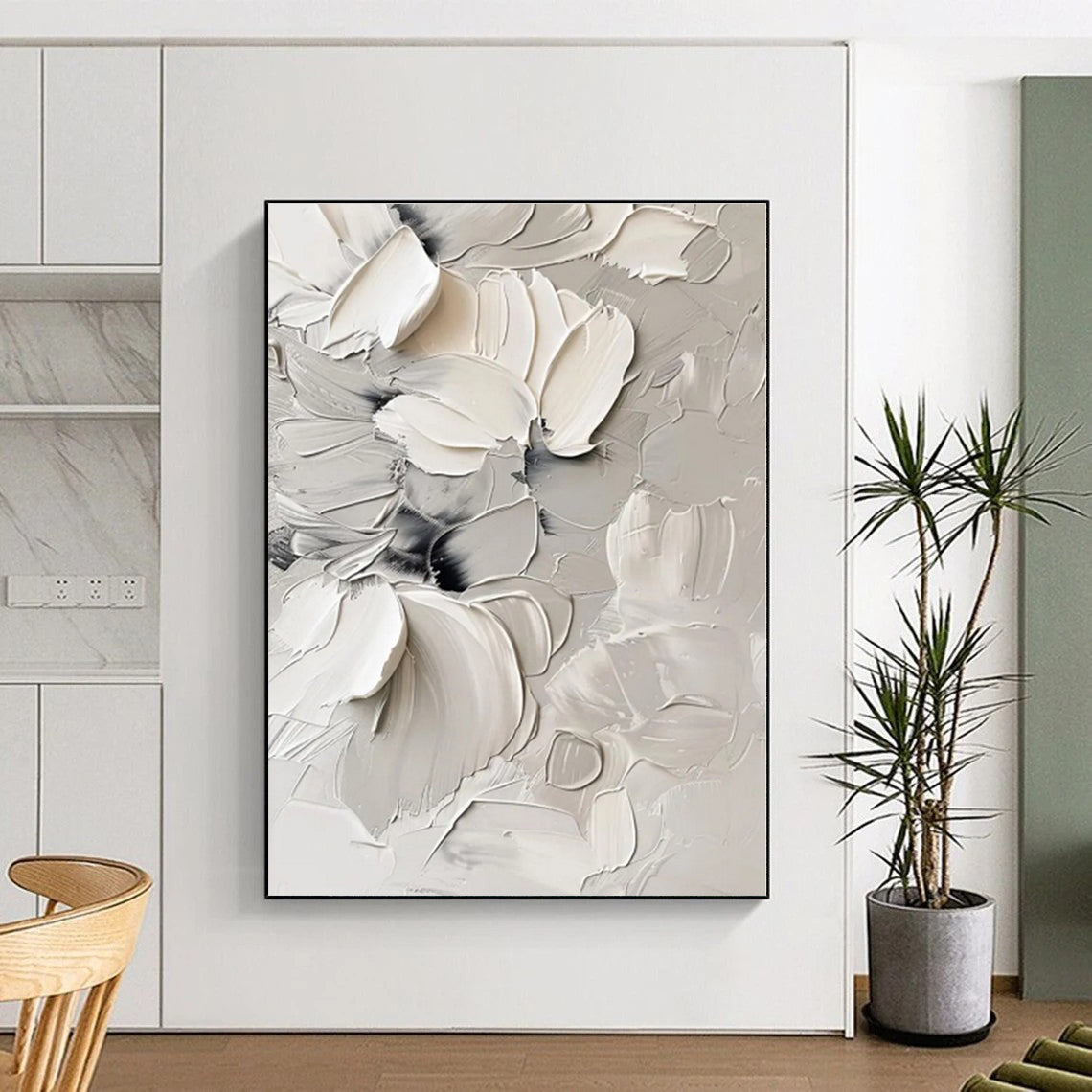 “Textured White Blooms”,Abstract Floral Impasto Artwork CT0525