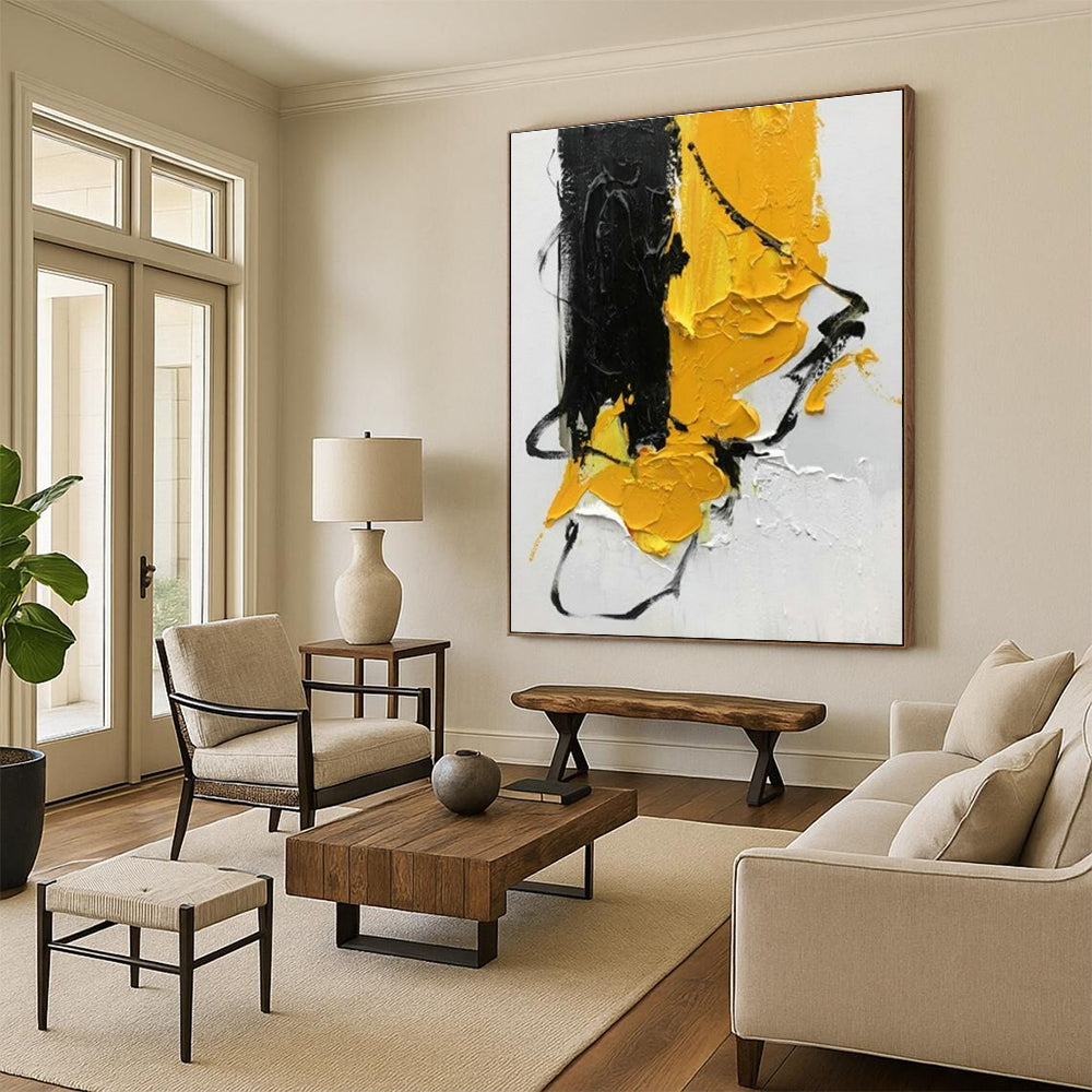 “Black - Yellow - White Textured Composition”,Abstract Textured Art CT0606