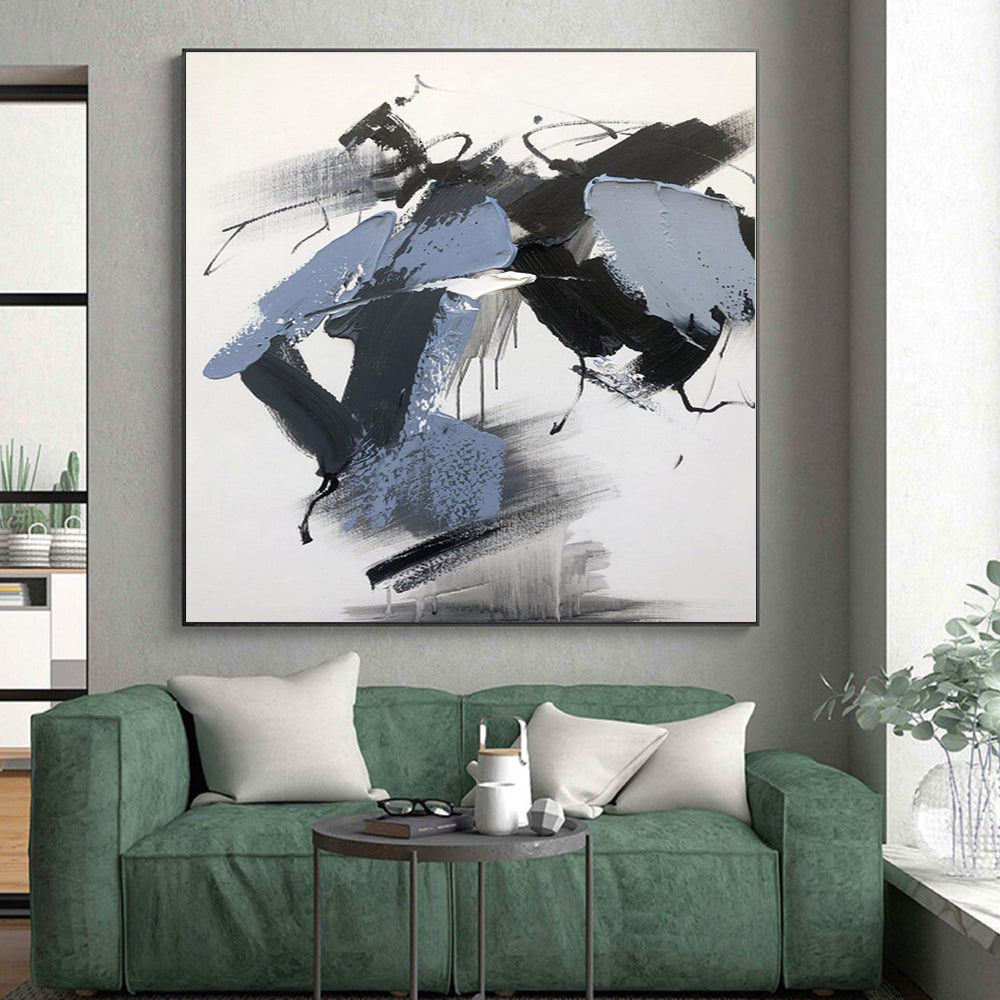 “Black - White - Blue Textured Abstraction” - Abstract Expressionist Art CT0498