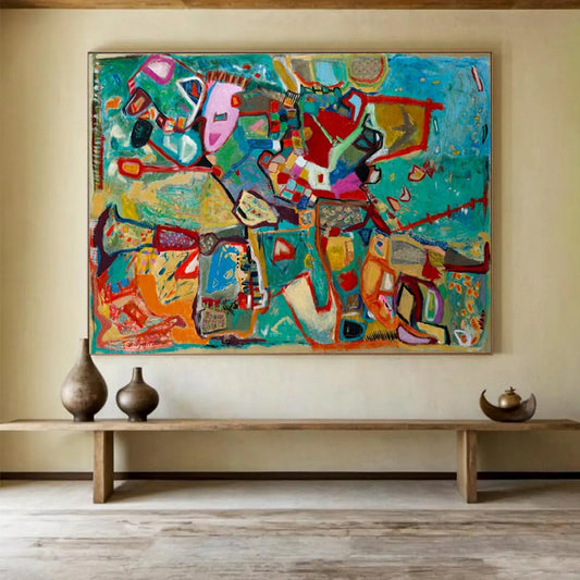 Vibrant, abstract painting with a mix of colors and shapes on a blue background CT1657