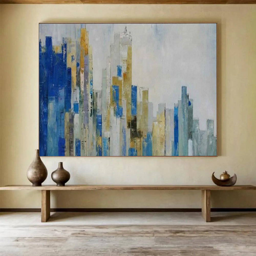 Abstract cityscape with blue, gold, and gray tones CT1659