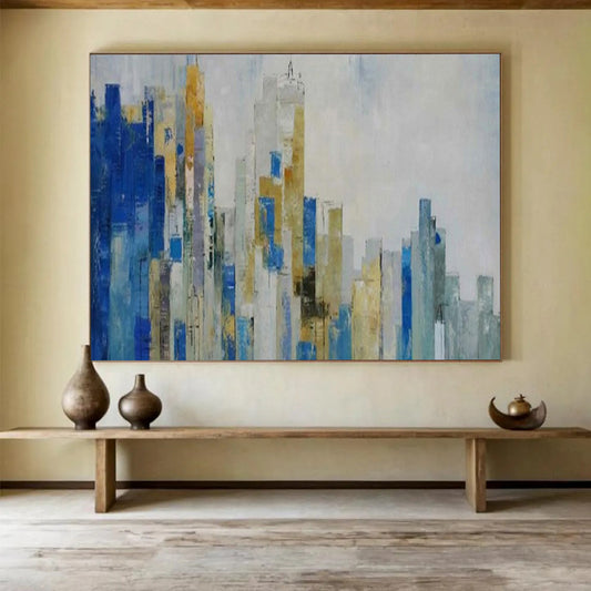 Abstract cityscape with blue, gold, and gray tones CT1659