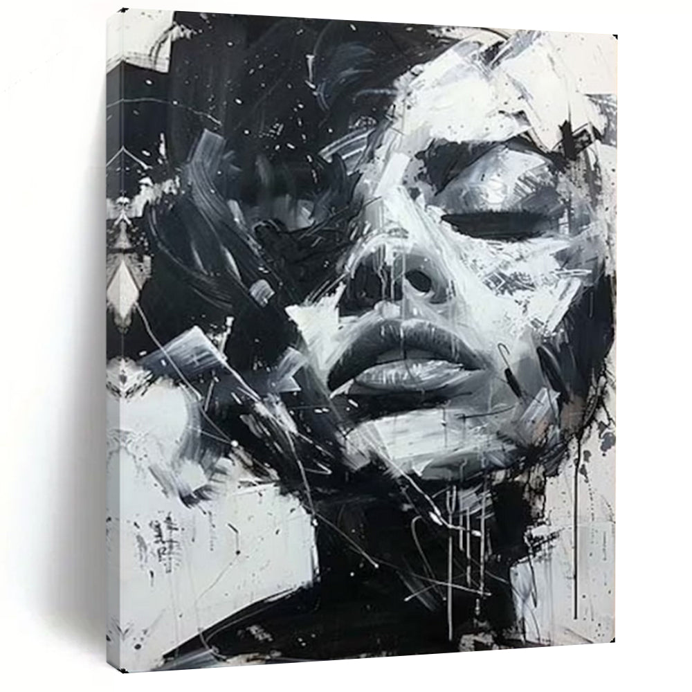 “Dynamic Black - and - White Abstract Face” – Expressive Impasto Portrait Painting On Canvas CT2139