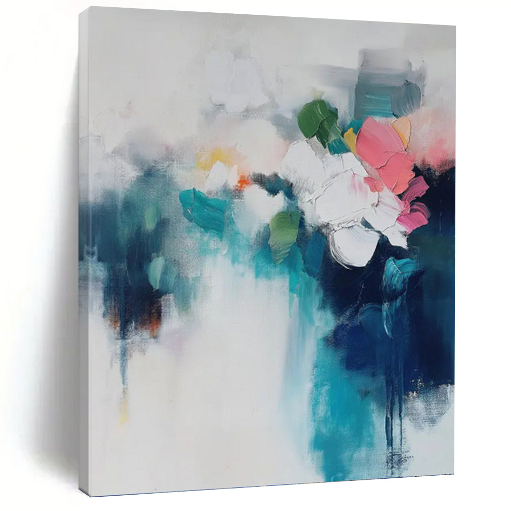 “Colorful Abstract Floral Bouquet” - Blue, White, Pink & Green Impressionistic Flower Painting On Canvas DKH0996