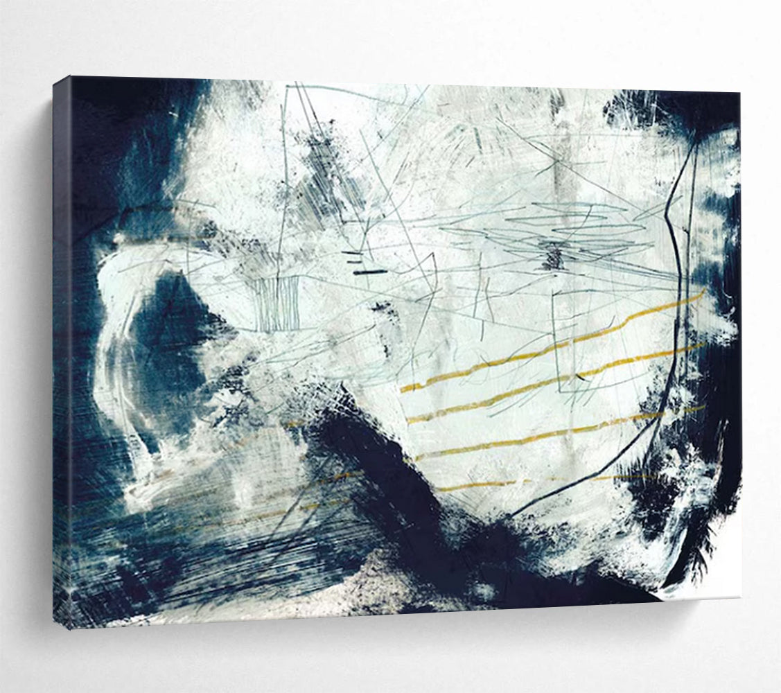 “Blue - White Abstract with Yellow Accents” Abstract Expressionist Painting On Canvas DLZ141