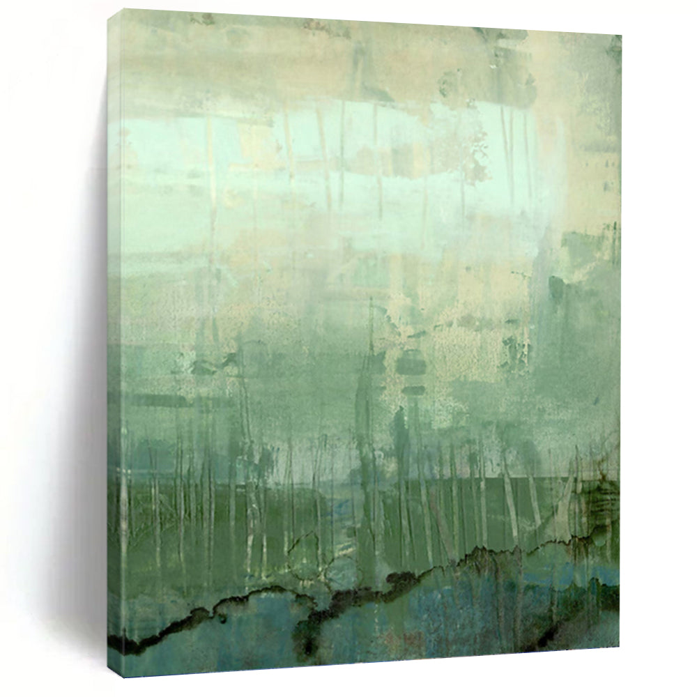 “Green - Blue Abstract Landscape” - Green, Blue & Gray Textured Painting On Canvas DKH0952