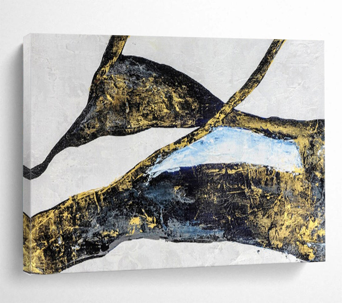 “Gilded Organic Shapes - Black, Gold, and Blue” Painting On Canvas DKH011