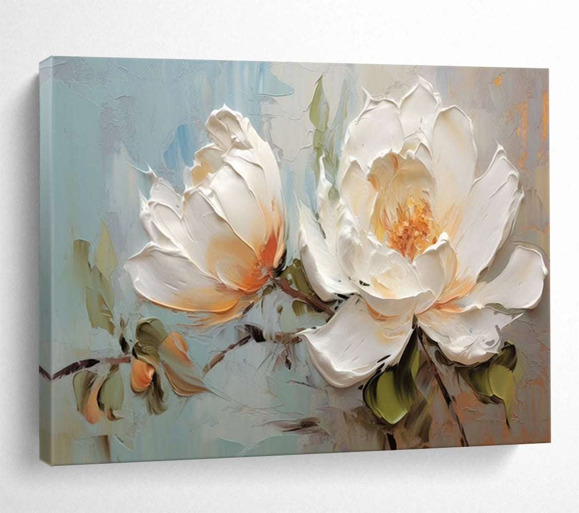 White Peonies with Textured Petals - Impasto Floral Painting On Canvas DLZ174