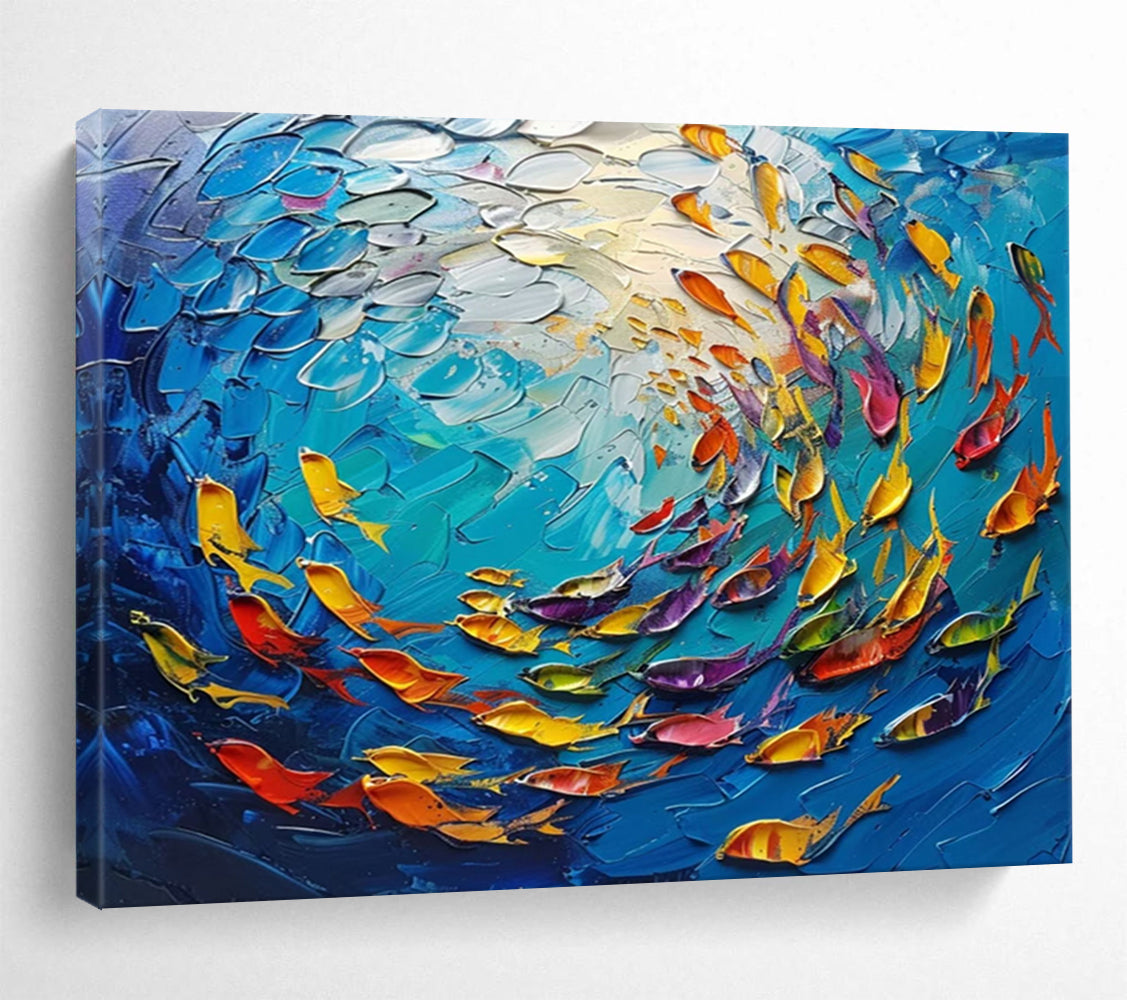 Textured Fish in Blue Sea - Impasto Marine Painting On Canvas DLZ199