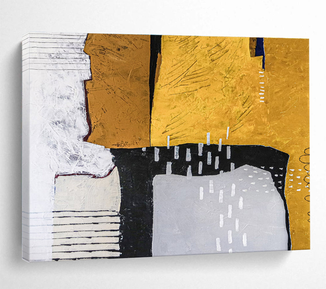 Earthy Geometric Collage in Mustard, Black, and Cream, Abstract Mixed - Media Painting On Canvas DKH574