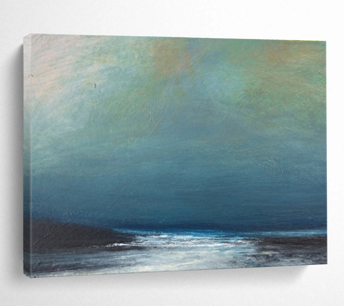 Muted Blue and Gray Seaside “Hazy Coastal Calm” Painting On Canvas DKH107