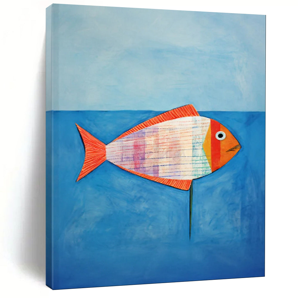 Colorful Striped Fish, Blue Sea - "Patchwork Fish" - Naive Art - style Painting CT1836