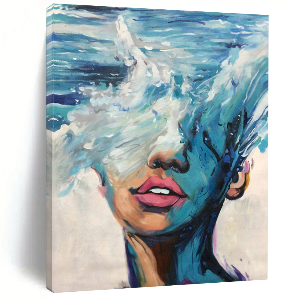 “Blue, White, Pink Ocean Face ‘Sea of Self’” - Impasto Figurative Painting On Canvas DTP347