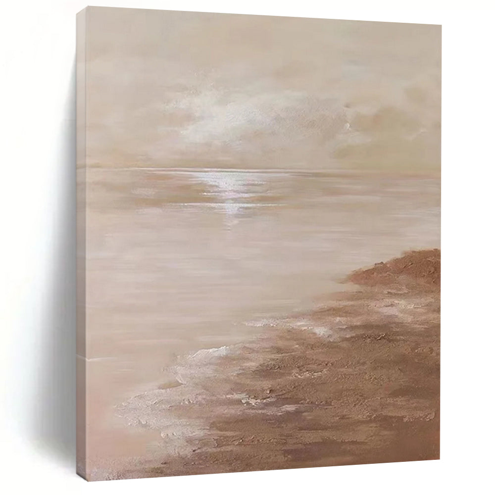 “Beige, Brown Serene Sea ‘Tranquil Horizon’” - Impasto Seaside Painting On Canvas DTP341