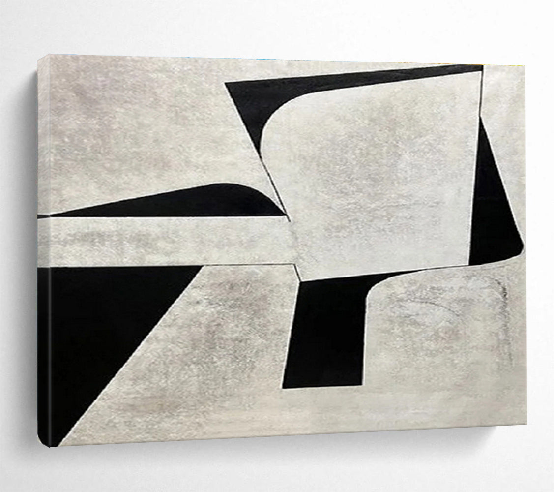 Monochrome Geometric Contrast in Gray and Black, Abstract Cubist - Inspired Painting On Canvas DKH582