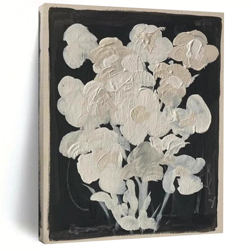 “White Flowers on Black” - Minimalist Floral Painting On Canvas DTP140